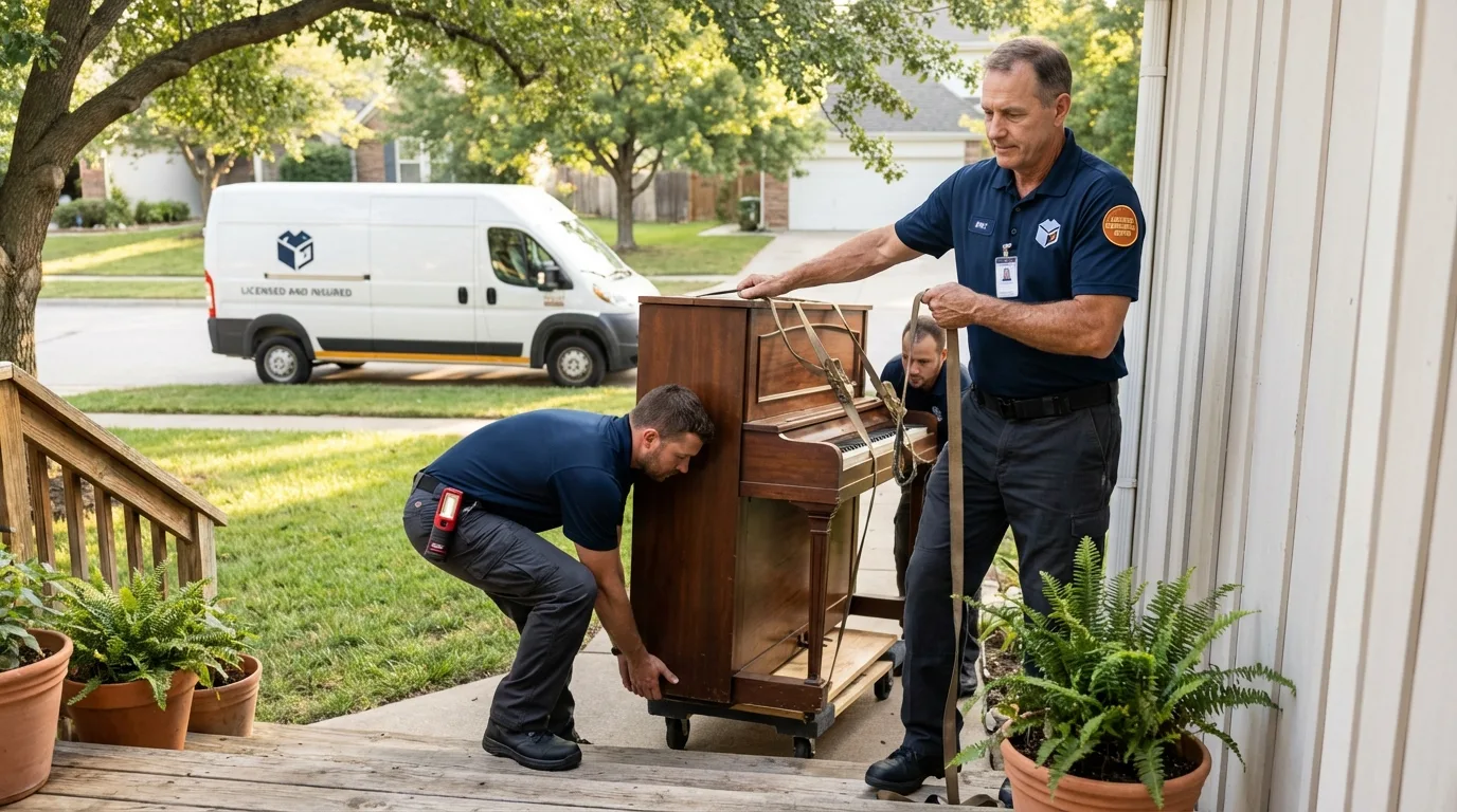 Licensed piano movers securing grand piano in Rochelle, GA