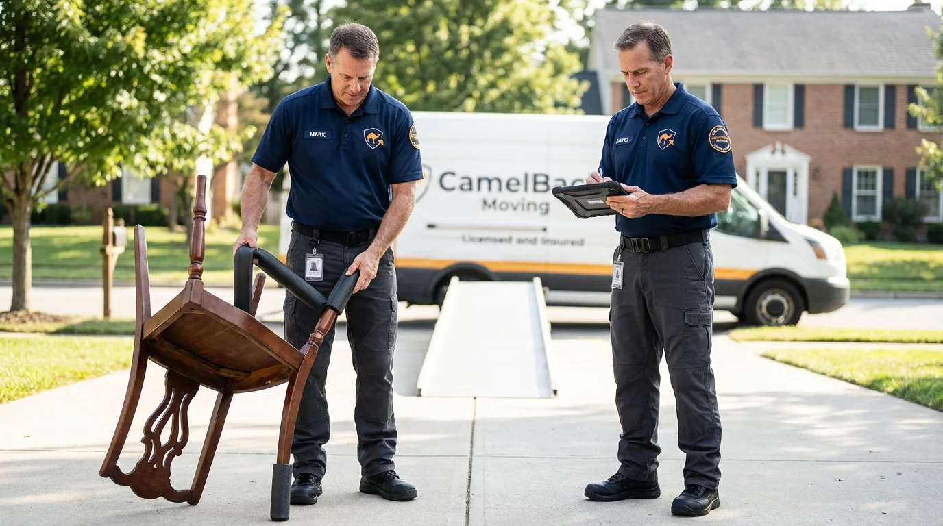 Movers inspecting furniture for damage prevention before loading in Rochelle, GA
