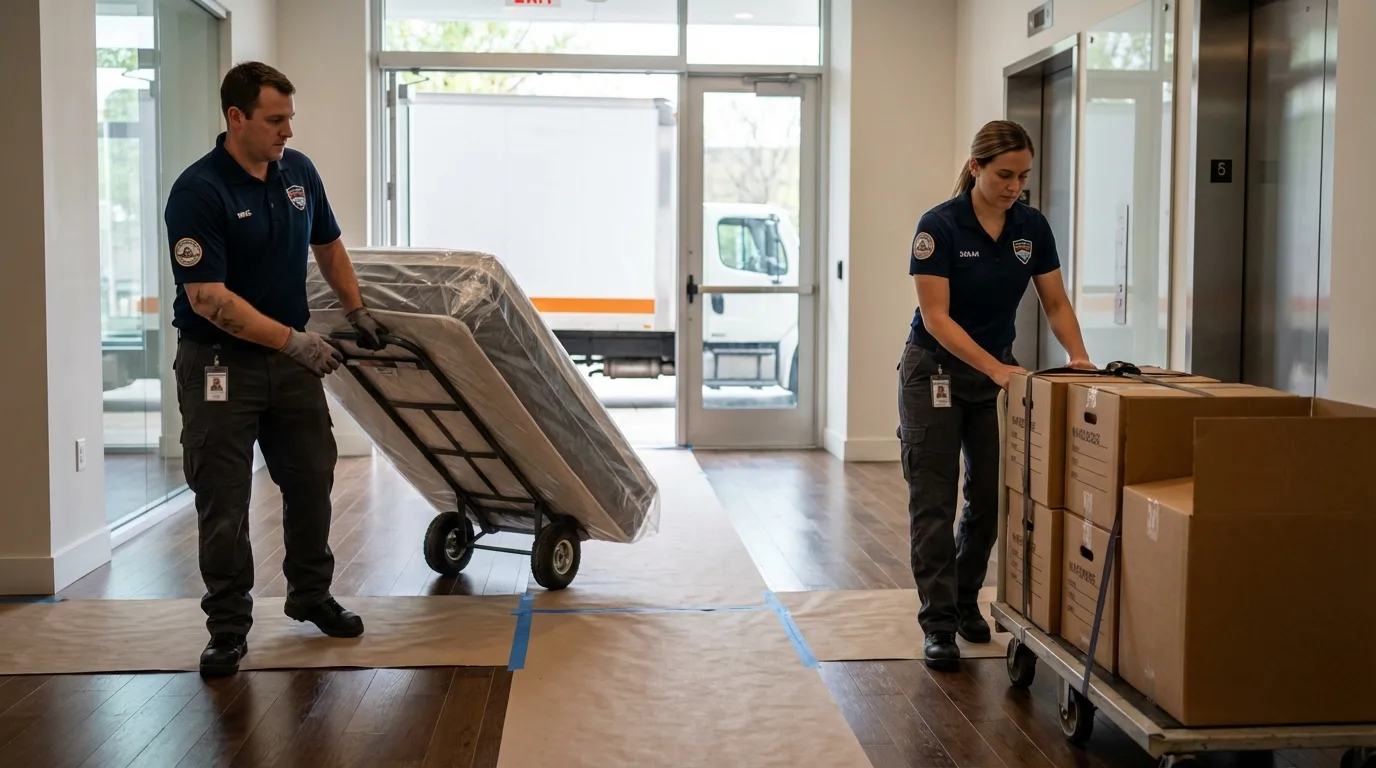 Professional apartment movers loading elevator in Rochelle, GA